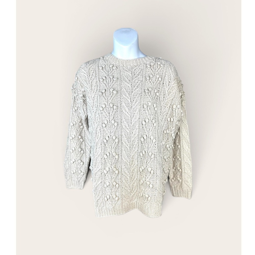 Ann Taylor VTGE Sweater Size SM Cream Silk Cotton Cable Popcorn Knit Crew Neck - Picture 2 of 11